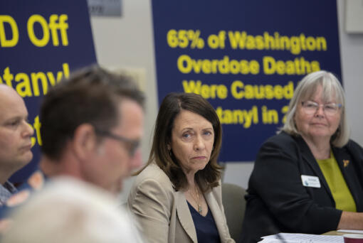 U.S. Sen. Maria Cantwell, second from right, joins Clark County Councilor Sue Marshall, right, and others during a fentanyl roundtable where treatment, prevention and housing were topics.