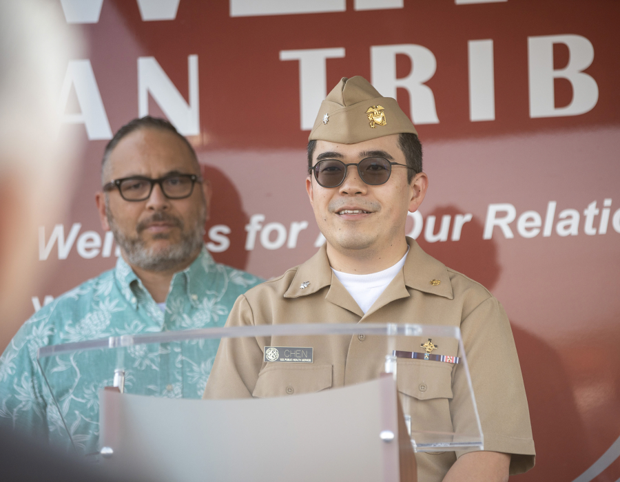 U.S. Public Health Service Commissioned Corps Cmdr. Amos Chen, right, addresses the audience gathered for a blessing ceremony held Friday at the ilani casino.