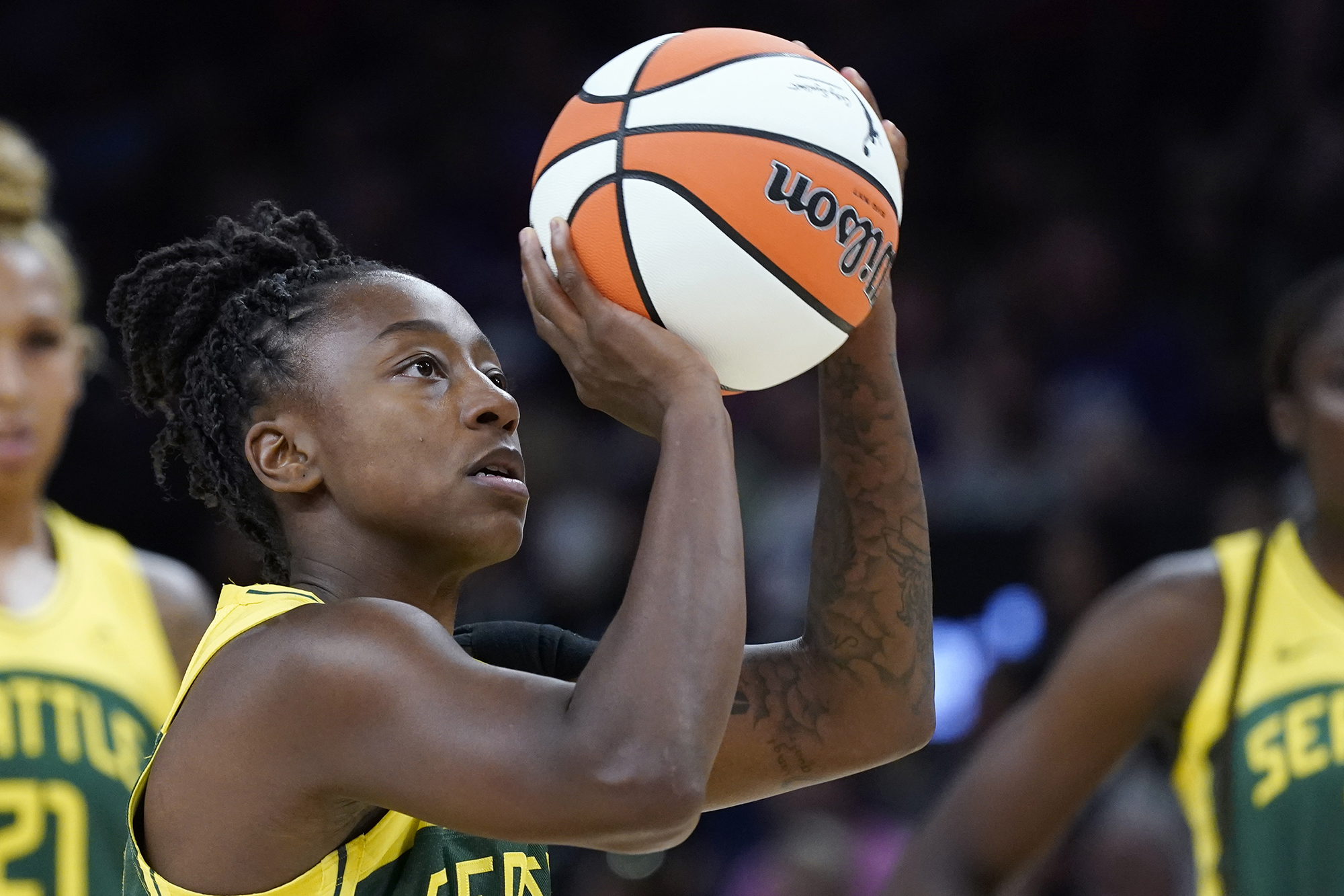 Seattle Storm guard Jewell Loyd scored 19 points including a three-point play with 13.1 seconds left as Seattle rallied to beat the Atlanta Dream 68-67 on Thursday, Aug. 10, 2023. (AP Photo/Ross D.
