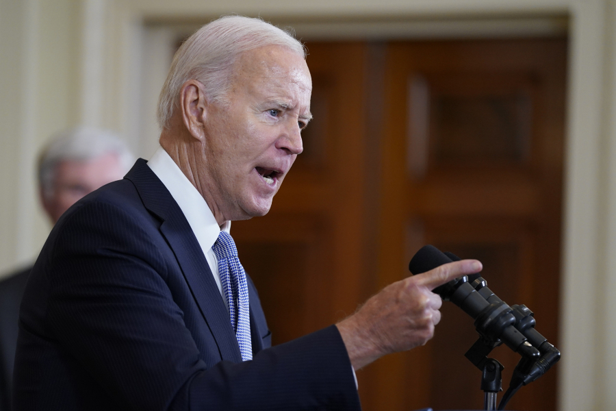 President Joe Biden speaks on the anniversary of the Inflation Reduction Act during an event in the East Room of the White House, Wednesday, Aug. 16, 2023, in Washington. Biden's approval rating on the economy is stagnating despite slowing inflation a new AP-NORC poll shows.