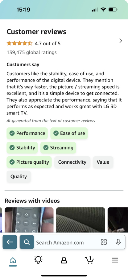 This image provided by shows  Amazon shows the new generative AI product review feature.  Amazon is rolling out a generative AI feature that summarizes product reviews for customers. The company said in a blog post Monday, Aug. 14, 2023, that it will use AI to pick out common themes in reviews and summarize them in a short paragraph on the product detail page.
