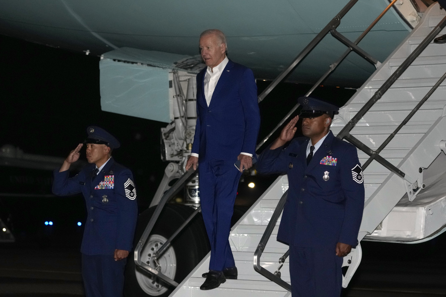President Joe Biden arrives on Air Force One Thursday, Aug. 10, 2023, at Andrews Air Force Base, Md. Biden is returning from a trip to Arizona, New Mexico, and Utah.
