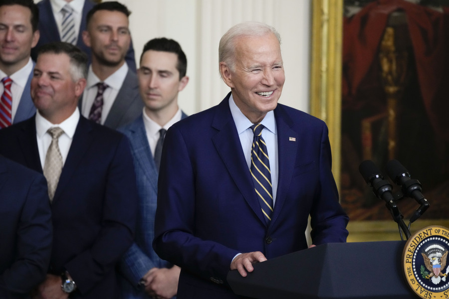 President Joe Biden speaks during an event celebrating the 2022 World Series champion Houston Astros baseball team in the East Room of the White House, Monday, Aug. 7, 2023, in Washington.