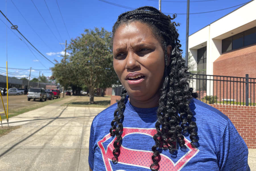 Sharon McClendon says outside the Lincoln County Courthouse in Brookhaven, Miss., on Wednesday, Aug. 16, 2023, that it has been difficult to watch the trial of two men charged in a 2022 incident in which her son, D'Monterrio Gibson, was shot at and chased after he delivered a FedEx package at a home in Brookhaven. She said her 25-year-old son is still traumatized.