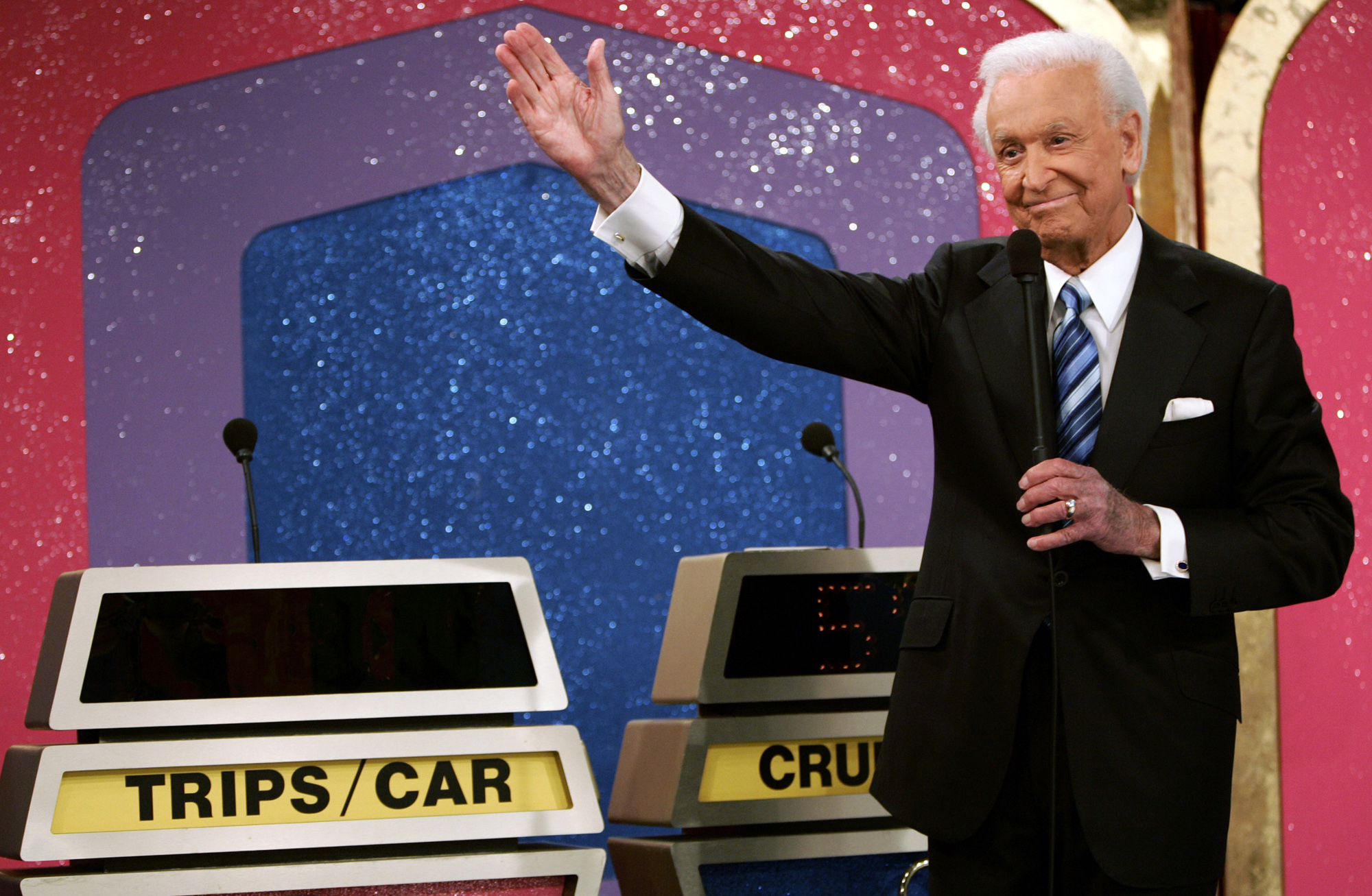 FILE - Legendary game show host Bob Barker, 83, waves goodbye as he tapes his final episode of "The Price Is Right," in Los Angeles on Wednesday, June 6, 2007. Barker signed off from 35 years on the game show and 50 years in daytime TV in the same low-key, genial fashion that made him one of daytime TV's biggest stars.