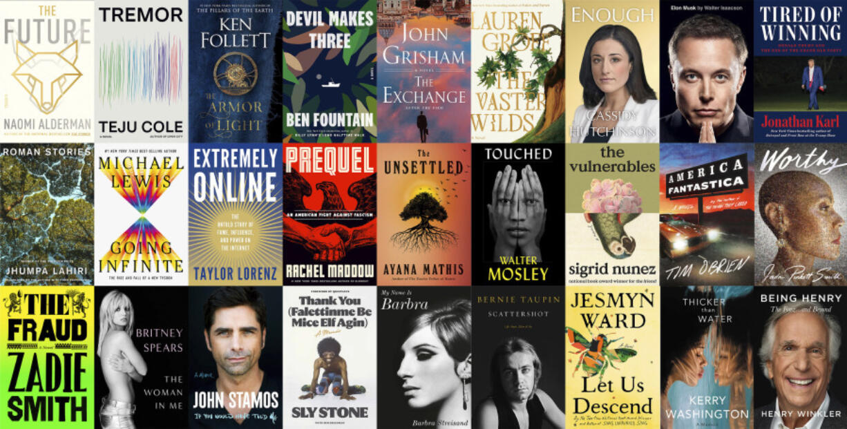 This combination of images shows book cover images for anticipated releases for fall, top row from left, "The Future" by Naomi Alderman, "Tremor" by Teju Cole, "The Armor of Light" by Ken Follett, "Devil Makes Three" by Ben Fountain, "The Exchange" by John Grisham, "The Vaster Wilds" by Lauren Groff, "Enough" by Cassidy Hutchinson, "Elon Musk" by Walter Isaacson," "Tired of Winning" by Jonathan Karl, second row from left, "Roman Stories" by Jhumpa Lahiri, "Going Infinite" by Michael Lewis, "Extremely Online" by Taylor Lorenz, "Prequel" by Rachel Maddow, "The Unsettled" by Ayana Mathis, "Touched" by Walter Mosley, "The Vulnerables" by Sigrid Nunez, "America Fantastica" by Tim O'Brien, "Worthy" by Jada Pinkett Smith, bottom row from left, "The Fraud" by Zadie Smith, "The Woman in Me" by Britney Spears, "If You Would Have Told Me" by John Stamos, "Thank You (Falettinme Be Mice Elf Agin)" by Sly Stone, "My Name is Barbra" by Barbra Streisand, "Scattershot" by Bernie Taupin, "Let Us Descend" by Jesmyn Ward, "Thicker Than Water" by Kerry Washington and "Being Henry" by Henry Winkler.