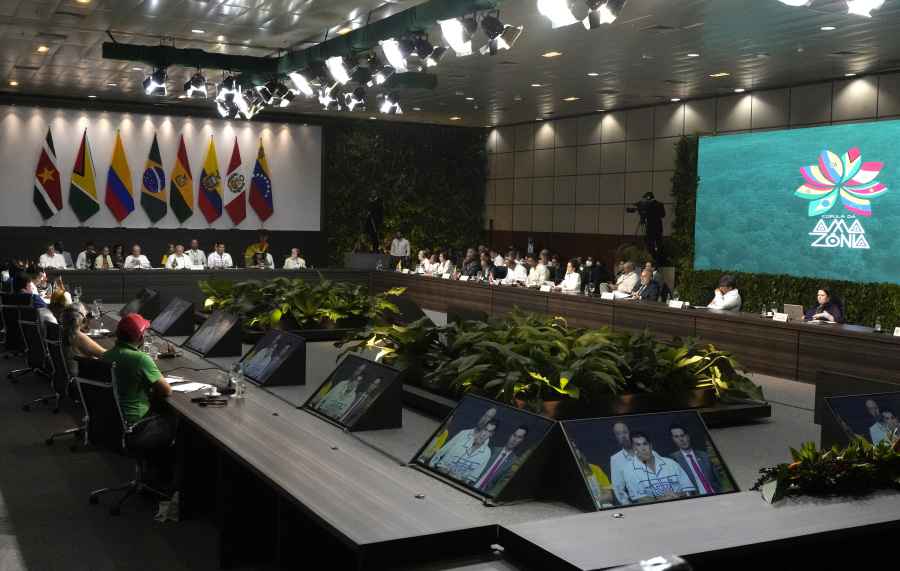 South American nations attend the Amazon Summit at the Hangar Convention Center in Belem, Brazil, Tuesday, Aug. 8, 2023. Belem is hosting the Amazon Cooperation Treaty Organization that is meeting to chart a common course for protection of the bioregion and address organized crime.