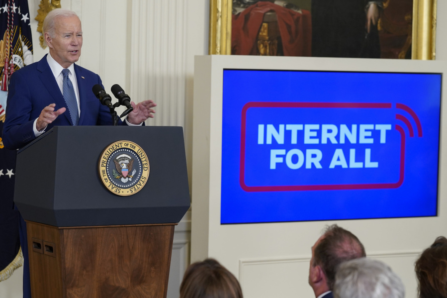 FILE - President Joe Biden speaks during an event about high-speed internet infrastructure in the East Room of the White House, Monday, June 26, 2023, in Washington. The Biden administration on Monday, Aug. 21, continued its push toward internet-for-all by 2030, announcing about $667 million in new grants and loans to build more broadband infrastructure in the rural U.S.