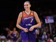 Phoenix Mercury Diana Taurasi smiles during the second half of a WNBA basketball game against the Atlanta Dream, Thursday, Aug. 3, 2023, in Phoenix.