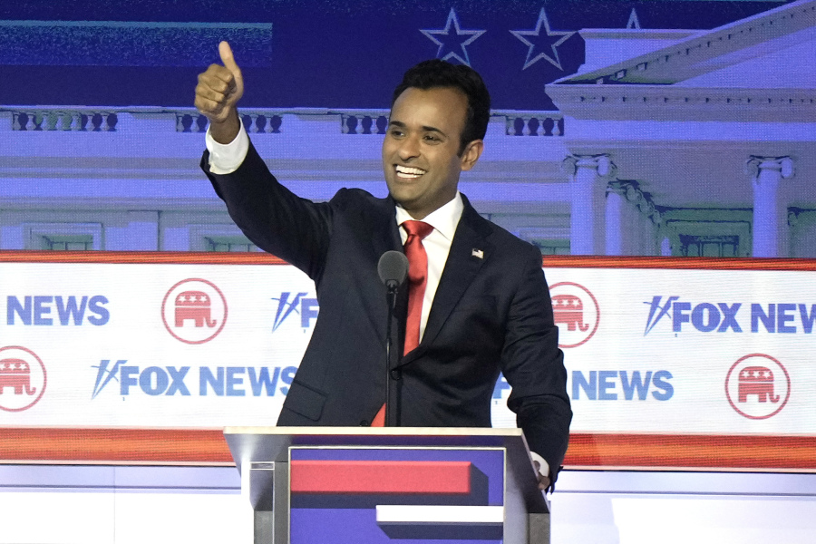 Businessman Vivek Ramaswamy reacts after a Republican presidential primary debate hosted by FOX News Channel Wednesday, Aug. 23, 2023, in Milwaukee.
