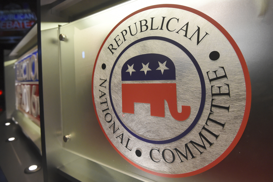 FILE - The Republican National Committee logo is shown on the stage as crew members work at the North Charleston Coliseum, Jan. 13, 2016, in North Charleston, S.C. The first 2024 Republican presidential debate is on Wednesday, Aug. 23, 2023, at Fiserv Forum in Milwaukee.