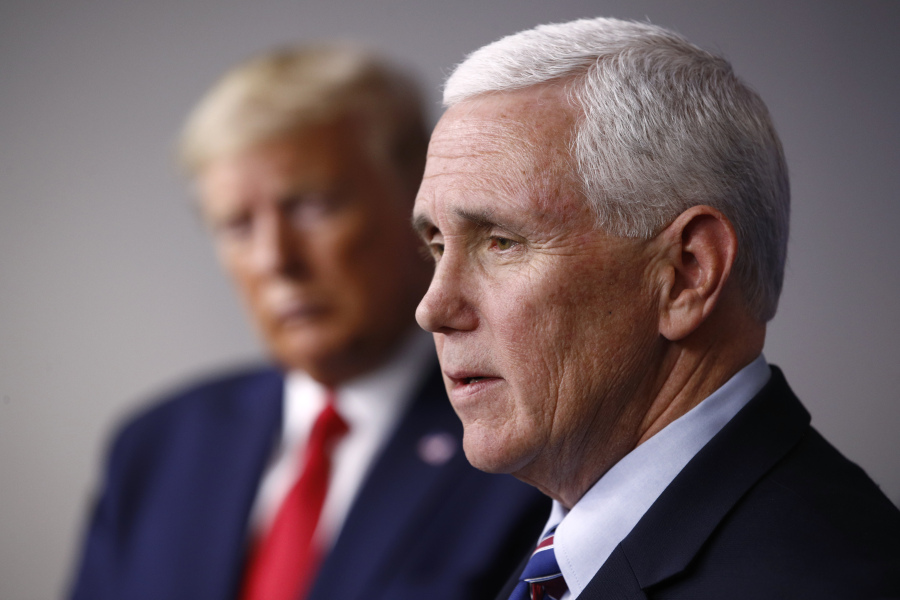 FILE - Vice President Mike Pence speaks alongside President Donald Trump during a coronavirus task force briefing at the White House in Washington on March 22, 2020. As Trump was being arraigned in Washington on yet another round of criminal charges, his former runningmate-turned-rival Mike Pence moved to capitalize on the news, unveiling merchandise that quoted from the indictment. "Too Honest" the shirts and hats read -- a reference to Trump's response when Pence rebuffed his efforts to overturn the results of the 2020 election.