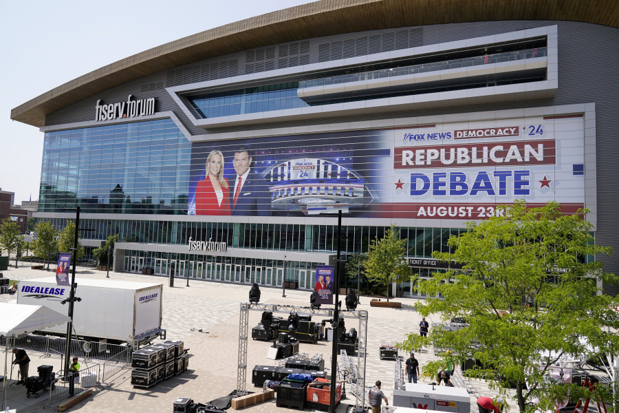 The Fiserv Forum is seen as set up continues for the upcoming Republican presidential debate Tuesday, Aug. 22, 2023, in Milwaukee.