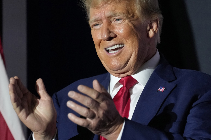 Republican presidential candidate former President Donald Trump speaks at a campaign rally, Tuesday Aug. 8, 2023, at Windham High School in Windham, N.H. (AP Photo/Robert F.