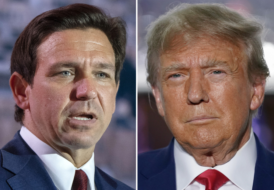 FILE - This combination of photos shows Republican presidential candidates Florida Gov. Ron DeSantis speaking at the Christians United For Israel (CUFI) Summit 2023 on July 17, 2023, in Arlington, Va., left, and former President Donald Trump speaking at Trump National Golf Club in Bedminster, N.J., June 13, 2023, right. Trump's campaign is seeking to blunt the efforts of a super PAC supporting rival Ron DeSantis' presidential campaign by sending a letter to all state Republican parties arguing that they cannot work with a super PAC as if it is representing a candidate.