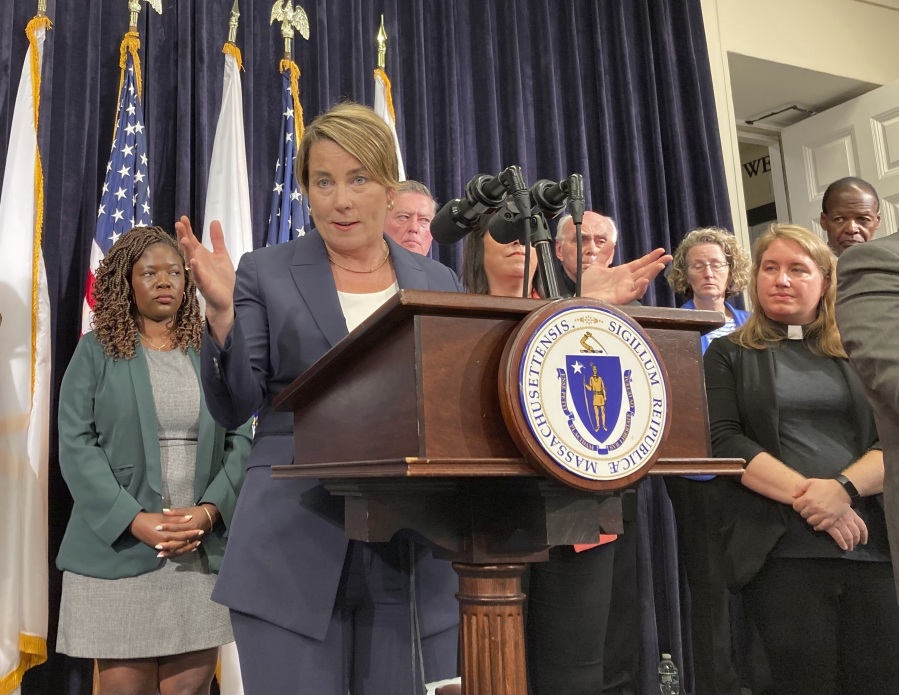 Massachusetts Gov. Maura Healey declares a state of emergency Tuesday, Aug. 8, 2023 in Boston, citing the influx of migrants to the state in need of shelter. Healey said there are nearly 5,600 families or more than 20,000 individuals - many of whom are migrants -- currently living in state shelter across Massachusetts. That's up from around 3,100 families a year ago, about an 80 percent increase.