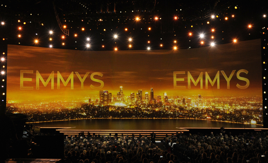 FILE - This Sept. 22, 2019 file photo shows a view of the stage at the 71st Primetime Emmy Awards in Los Angeles. The strike-delayed 75th Emmy Awards have a new home -- one that places them directly in Hollywood's awards season for a change. Fox announced Thursday that the Emmys will air Jan. 15 from the Peacock Theater at LA Live in downtown Los Angeles.