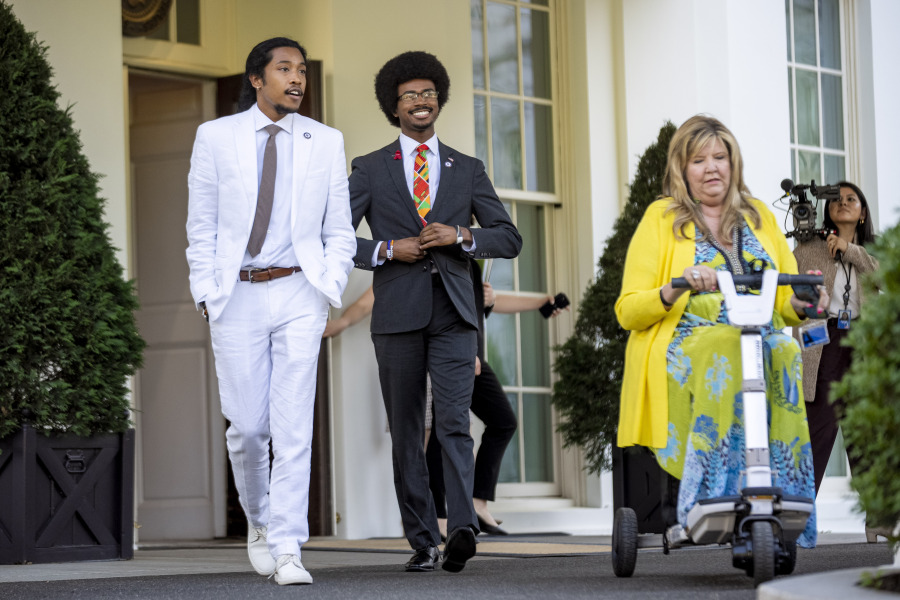 FILE - From left, Tennessee Rep. Justin Jones, D-Nashville; Rep. Justin Pearson, D-Memphis; and Rep. Gloria Johnson, D-Knoxville; leave the West Wing to speak to reporters after meeting with President Joe Biden and Vice President Kamala Harris in the Oval Office of the White House in Washington, April 24, 2023. Pearson and Jones, who became Democratic heroes as members of the so-called "Tennessee Three," are hoping to once again reclaim their legislative seats Thursday, Aug. 3, after being expelled for their involvement in a gun control protest on the House floor.
