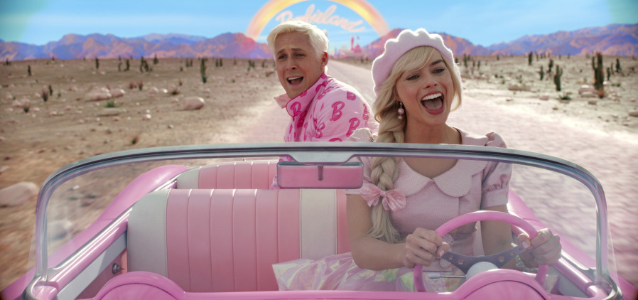 Ryan Gosling and Margot Robbie in a scene from "Barbie." (Warner Bros.