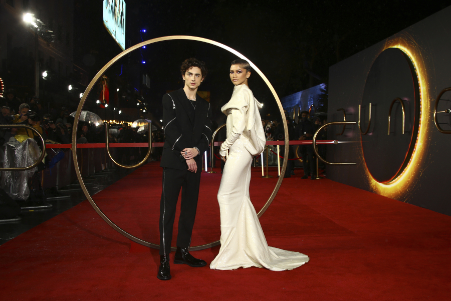 FILE - Timothee Chalamet, left, and Zendaya pose for photographers upon arrival at the premiere of the film "Dune," Oct. 18, 2021, in London. The release of "Dune: Part Two," one of the fall's most anticipated releases, has been postponed from November 2023 until next near, Warner Bros. confirmed Thursday, Aug. 24, 2023.
