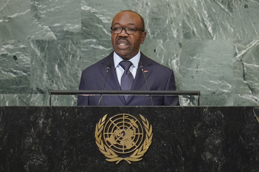 FILE - President of Gabon Ali Bongo Ondimba addresses the 77th session of the United Nations General Assembly, Wednesday, Sept. 21, 2022 at U.N. headquarters. Nearly a dozen soldiers took to state television and said they were overturning the presidential election and called for calm among the population Wednesday, Aug.