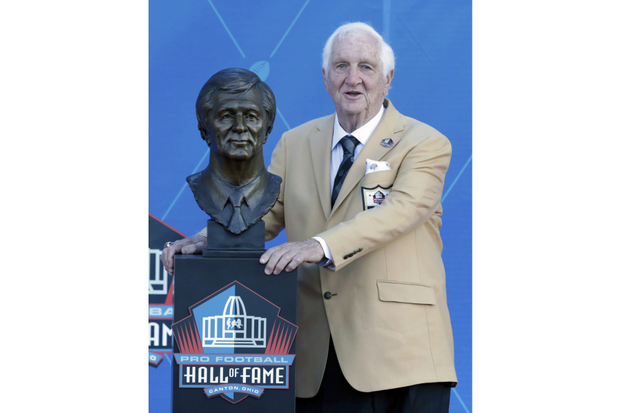 FILE - Former executive Gil Brandt poses with his Pro Football Hall of Fame bust during inductions Saturday, Aug. 3, 2019, in Canton, Ohio. Gil Brandt, overshadowed by coach Tom Landry and general manager Tex Schramm as part of the trio that built the Dallas Cowboys into "America's Team" in the 1970s, has died. He was 91. The Pro Football Hall of Fame said Brandt died Thursday morning, Aug. 31, 2023.