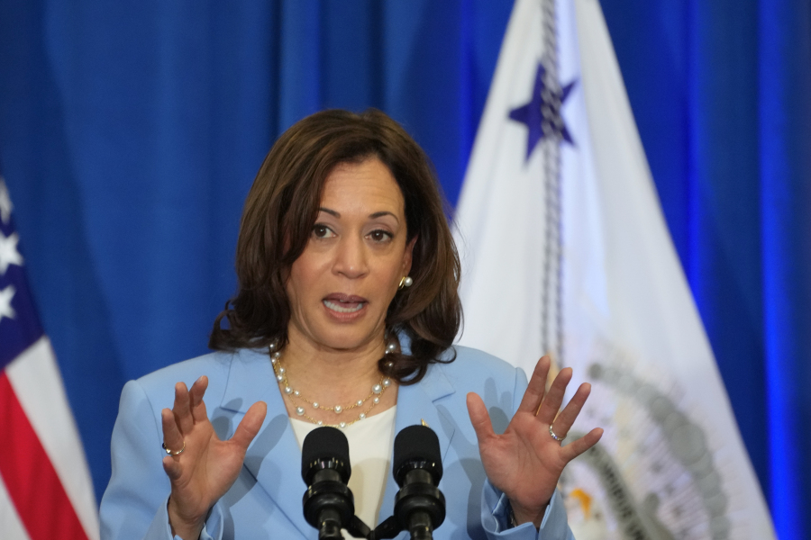 Vice President Kamala Harris gives remarks ahead of the one-year anniversary of the Biden administration's Inflation Reduction Act at McKinstry, Tuesday, Aug. 15, 2023, in Seattle.