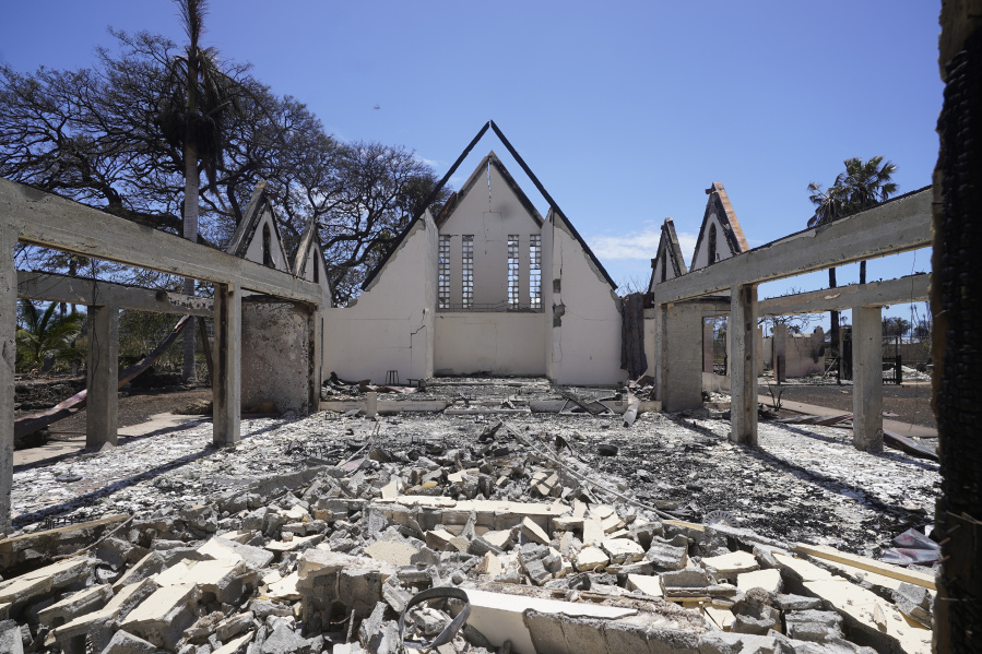 The destroyed Waiola Church is shown following wildfire, Friday, Aug. 11, 2023, in Lahaina, Hawaii. Currently, the Maui wildfires are the nation's fifth-deadliest on record, according to research by the National Fire Protection Association, a nonprofit that publishes fire codes and standards used in the U.S. and around the world.