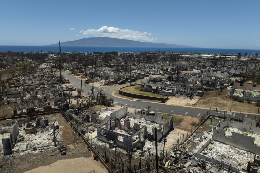 A general view shows the aftermath of a devastating wildfire in Lahaina, Hawaii, Tuesday, Aug. 22, 2023. Two weeks after the deadliest U.S. wildfire in more than a century swept through the Maui community of Lahaina, authorities say anywhere between 500 and 1,000 people remain unaccounted for. (AP Photo/Jae C.