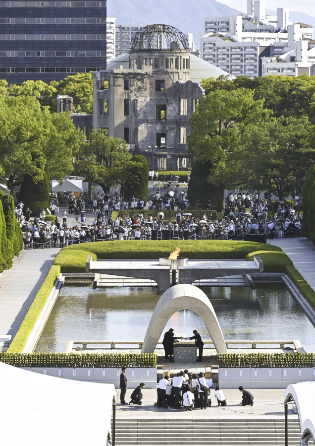 A ceremony to mark the 78th anniversary of the world's first atomic bombing is held at the Hiroshima Peace Memorial Park in Hiroshima, western Japan Sunday, Aug. 6, 2023.