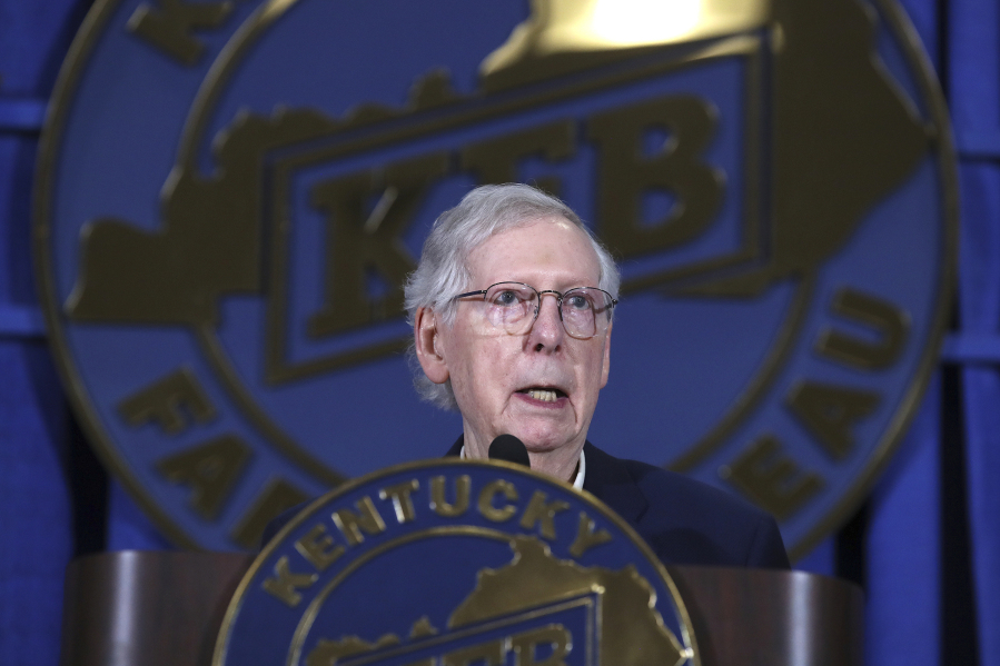 Sen. Mitch McConnell speaks at the Kentucky Farm Bureau annual Country Ham Breakfast at the Kentucky State Fair on Thursday, Aug. 24, 2023, in Louisville, Ky.