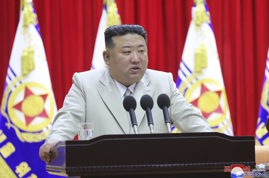 FILE - This photo provided on Tuesday, Aug. 29, 2023, by the North Korean government, North Korean leader Kim Jong Un speaks during his visit to the navy headquarter in North Korea, on Aug. 27, 2023. Independent journalists were not given access to cover the event depicted in this image distributed by the North Korean government. The content of this image is as provided and cannot be independently verified. Korean language watermark on image as provided by source reads: "KCNA" which is the abbreviation for Korean Central News Agency.