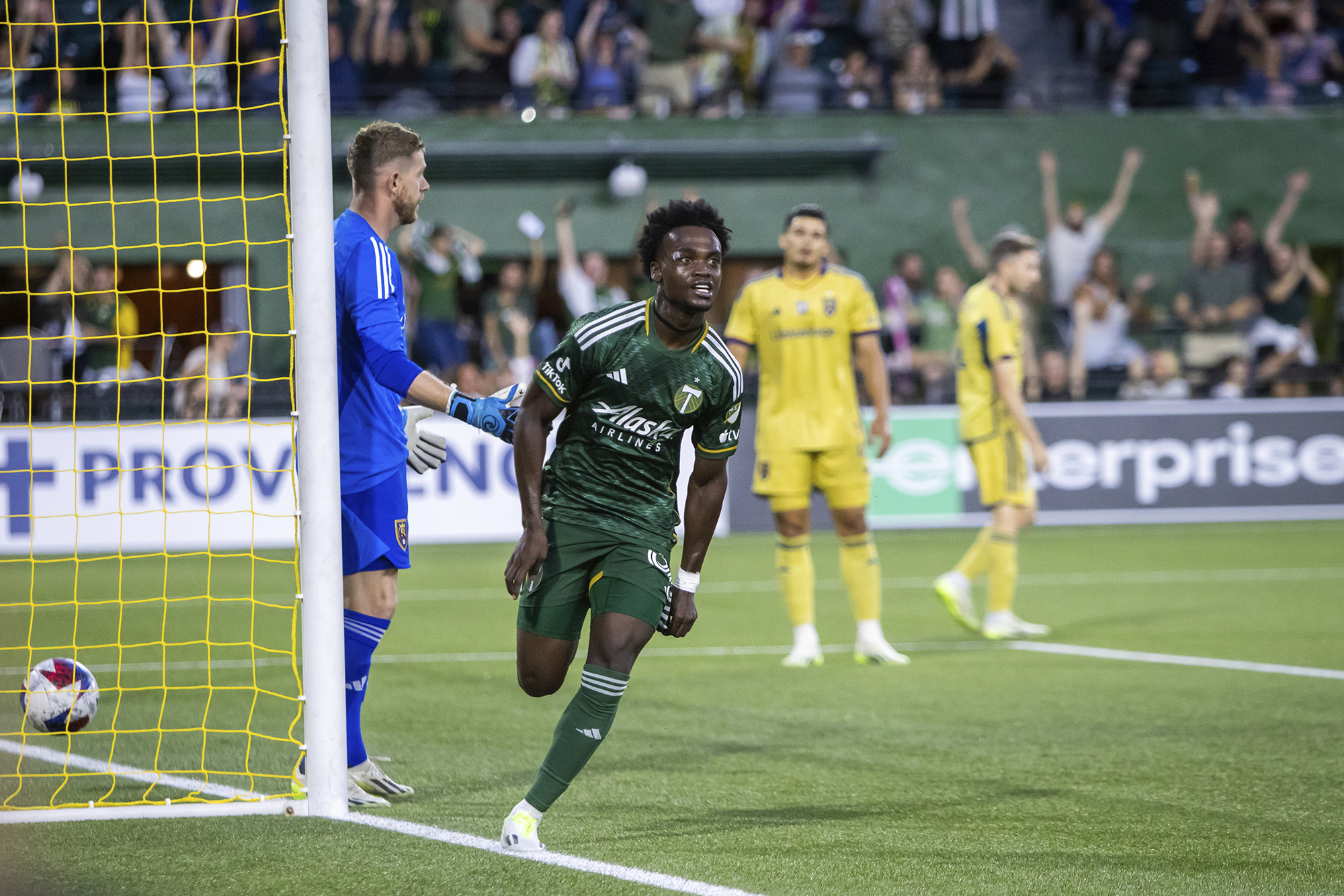 Portland Timbers midfielder Santiago Moreno celebrates his goal against Real Salt Lake during the first half of an MLS soccer match Wednesday, Aug. 30, 2023, in Portland, Ore.