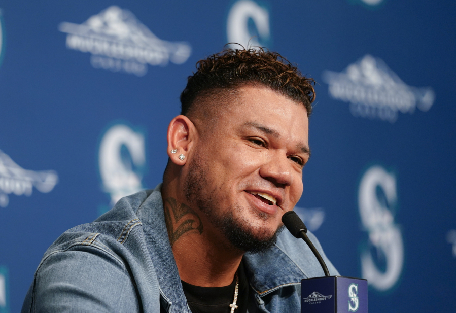Former Seattle Mariners pitcher Felix Hernandez speaks during a media availability before a baseball game between the Mariners and the Baltimore Orioles, Friday, Aug. 11, 2023, in Seattle. Hernandez will be inducted into the Mariners Hall of Fame on Aug. 12.