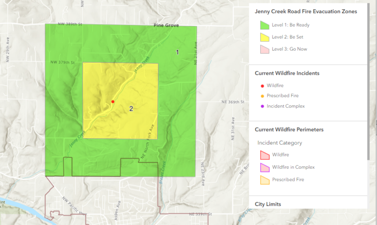 Updated evacuation zones for the Jenny Creek Fire north of La Center as of 5:30 p.m. Thursday.