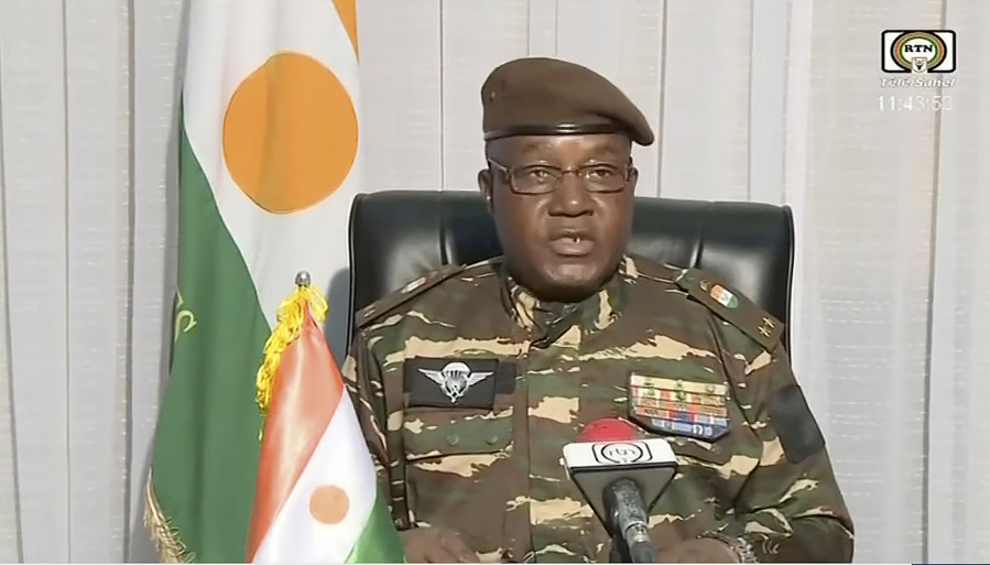 In this image taken from video provided by ORTN, Gen. Abdourahmane Tchiani makes a statement Friday, July 28, 2023, in Niamey, Niger. Niger state television identified him as the leader of the National Council for the Safeguarding of the Country, the group of soldiers who said they staged the coup against President Mohamed Bazoum.