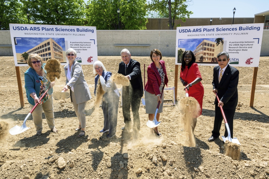 In this photo provided by Washington State University, U.S. Sen. Patty Murray, D-Wash., third from left, takes part in the ceremonial groundbreaking for a new USDA research facility at Washington State University on Tuesday, Aug. 1, 2023, in Pullman, Wash. Joining Murray are Wendy Powers, left, Dean of the WSU College of Agricultural, Human, and Natural Resource Sciences, Elizabeth Chilton, second from left, WSU Pullman Chancellor and Provost, Tom Vilsack, center, U.S. Secretary of Agriculture, U.S. Rep. Cathy McMorris Rodgers, R-Spokane, third from right, Chavonda Jacobs-Young, second from right, USDA chief scientist and under secretary for research, education, and economics, and Simon Liu, right, administrator of the USDA Agricultural Research Service.