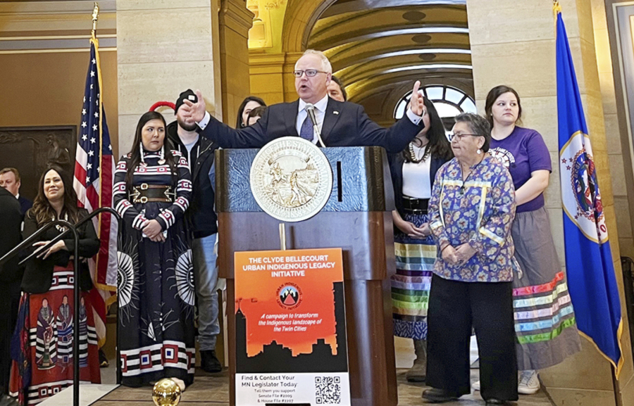 This image provided by MinnPost shows Minnesota Gov. Tim Walz speaking to the crowd about the Clyde Bellecourt Urban Indigenous Initiative inside the Minnesota State Capitol Rotunda in March.