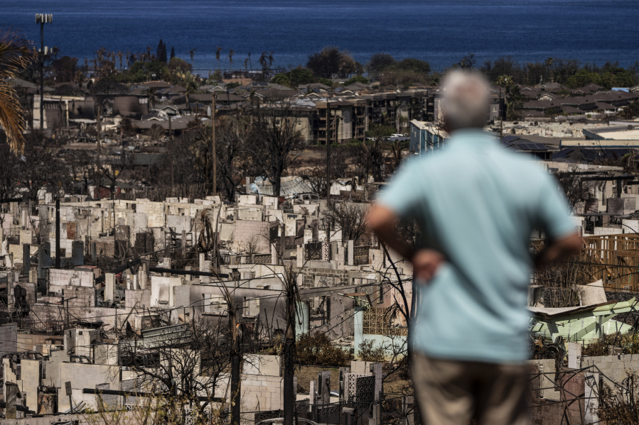 A man views the aftermath of a wildfire in Lahaina, Hawaii, Saturday, Aug. 19, 2023. (AP Photo/Jae C.