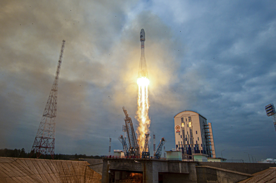 In this image made from video released by Roscosmos State Space Corporation, the Soyuz-2.1b rocket with the moon lander Luna-25 automatic station takes off from a launch pad at the Vostochny Cosmodrome in the Russia's Far East, on Friday, Aug. 11, 2023. The launch of the Luna-25 craft to the moon will be Russia's first since 1976 when it was part of the Soviet Union. The Russian lunar lander is expected to reach the moon on Aug. 23, about the same day as an Indian craft which was launched on July 14.