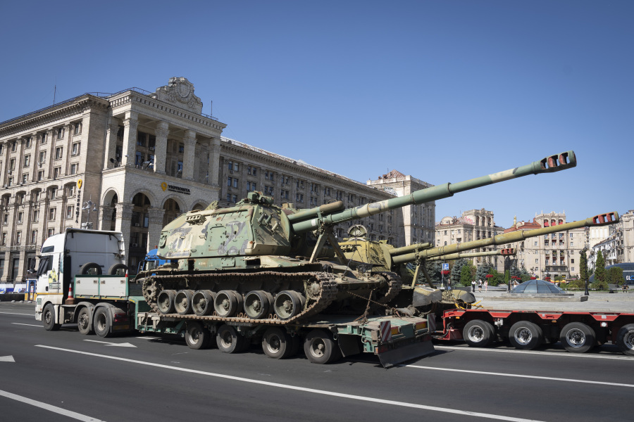 Captured Russian tanks and infantry carriers which have been on display on the central Khreshchatyk boulevard as Ukrainians prepare to mark Independence Day in Kyiv, Ukraine, Tuesday, Aug. 22, 2023. Ukraine marks Independence Day on Aug. 24.