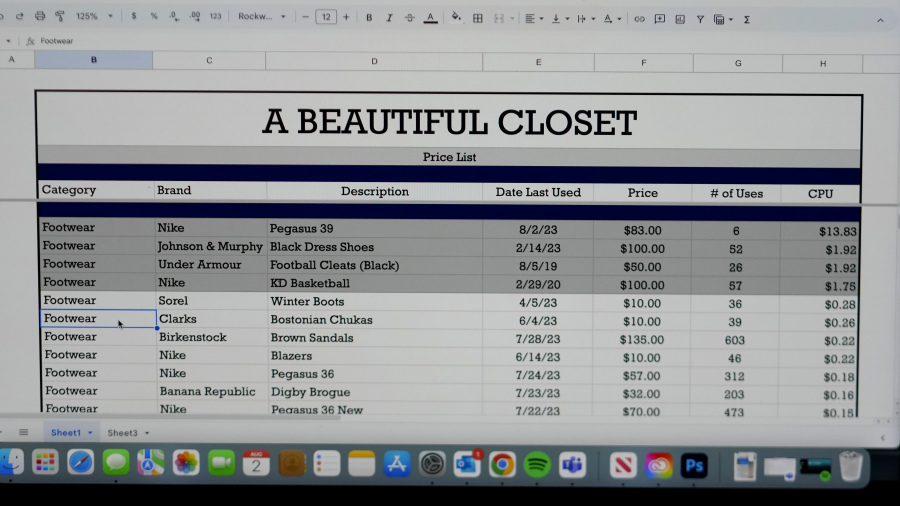 Jake Welch's spreadsheet is shown on his computer in Salt Lake City. Keeping track on each time he wears an item helps the 36-year-old brand manager know where to spend his clothing budget.