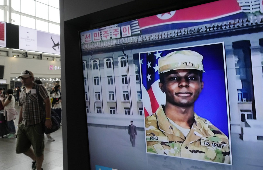 A TV screen shows a file image of American soldier Travis King during a news program at the Seoul Railway Station in Seoul, South Korea, Wednesday, Aug. 16, 2023. North Korea asserted Wednesday that the U.S. soldier who bolted into the North across the heavily armed Korean border last month did so after being disillusioned with the inequality of American society and racial discrimination in its Army.