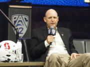 FILE - Stanford head coach Troy Taylor speaks at the NCAA college football Pac-12 media day Friday, July 21, 2023, in Las Vegas. Stanford opens their season at Hawaii on Sept. 1.