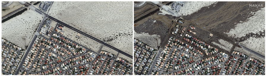 This combination of satellite images provided by Maxar Technologies shows an area of Cathedral City, Calif., on April 15, 2023, left, and the same area, right, Monday, Aug. 21, 2023, after Tropical Storm Hilary caused historic flooding to the area.