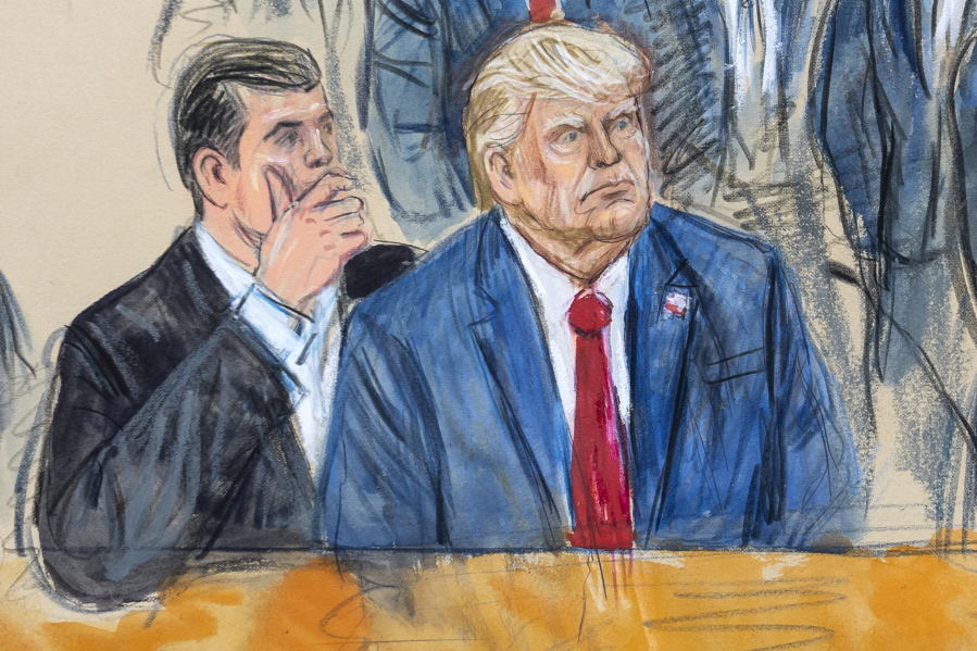 FILE - This artist sketch depicts former President Donald Trump, right, conferring with defense lawyer Todd Blanche, left, during his appearance at the Federal Courthouse in Washington, Thursday, Aug. 3, 2023. Former President Donald Trump and his legal team face long odds in their bid to move his 2020 election conspiracy trial out of Washington. They argue the Republican former president can't possibly get a fair trial in the overwhelmingly Democratic nation's capital.