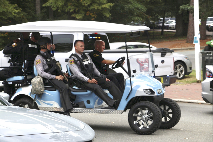 Law enforcement respond to the University of North Carolina at Chapel Hill campus in Chapel Hill, N.C., on Monday, Aug. 28, 2023, after the university locked down and warned of an armed person on campus.