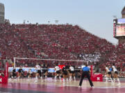 Nebraska and Omaha play a college volleyball match Wednesday, Aug. 30, 2023, at Memorial Stadium in Lincoln, Neb.
