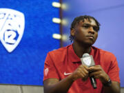FILE - Washington State quarterback Cameron Ward answers questions at the NCAA college football Pac-12 media day. Friday, July 21, 2023, in Las Vegas. Washington State opens their season at Colorado State on Sept. 2.