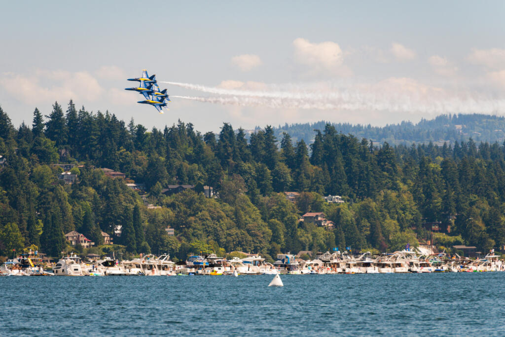 The Elite US Navy Blue Angels flying over the Seafair log boom during the airshow over Lake Union in 2016.